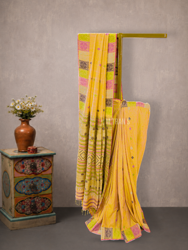 Orange Pink Dual Tone Assam Silk Saree with Multicolour Butis | Mitranis