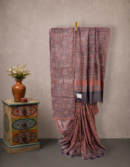 Maroon Ajrakh Printed Tussar Saree with Floral Block Motifs | Mitranis
