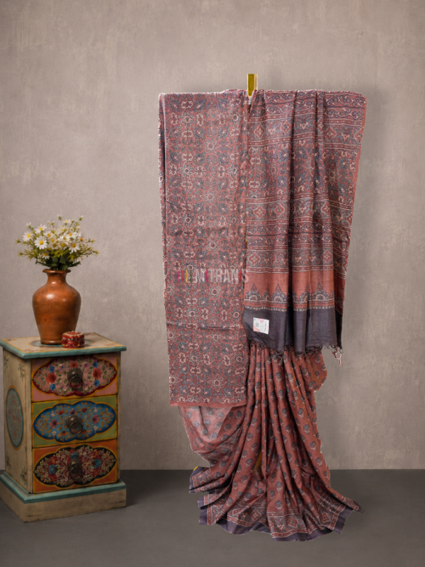 Maroon Ajrakh Printed Tussar Saree with Floral Block Motifs | Mitranis