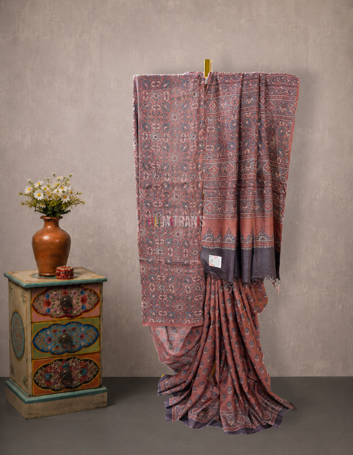 Maroon Ajrakh Printed Tussar Saree with Floral Block Motifs | Mitranis