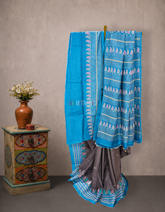 Dark Slate Grey Tussar Kantha Saree with Blue Border