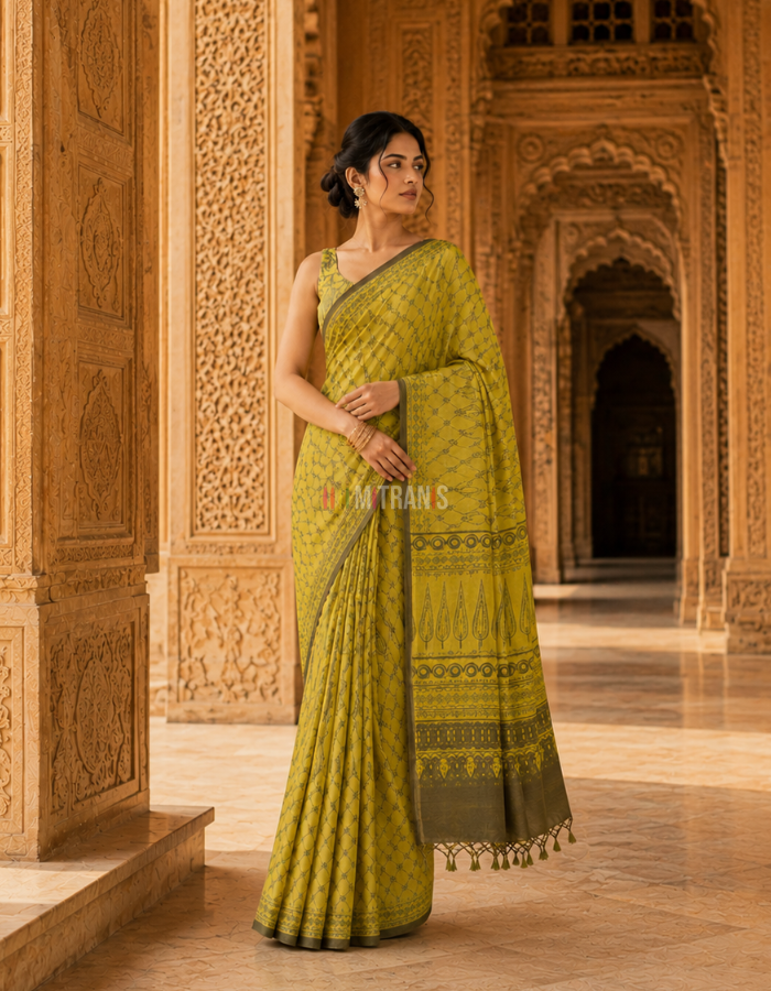 Yellow Green Ajrakh Tussar Saree with Jaal Block Print