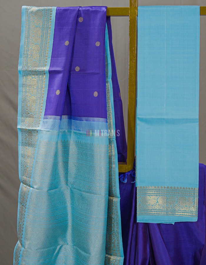 Bluish Purple and Firoze Pure Zari Kanjivaram Silk Saree with Annapakshi Motifs - Image 2