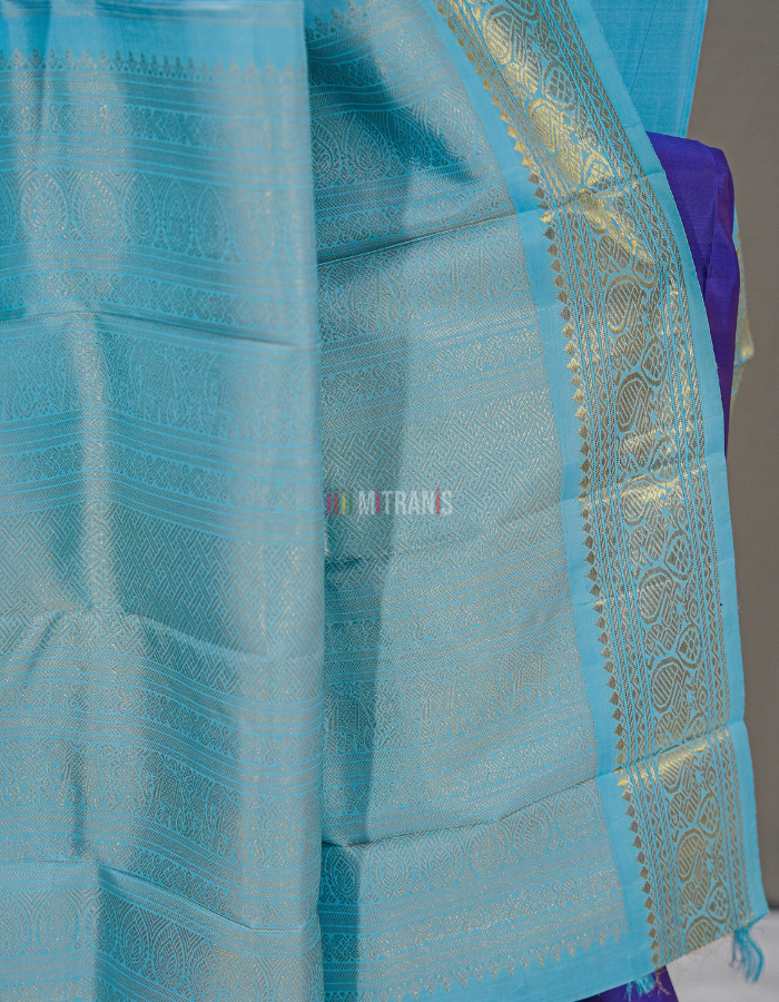 Bluish Purple and Firoze Pure Zari Kanjivaram Silk Saree with Annapakshi Motifs - Image 4