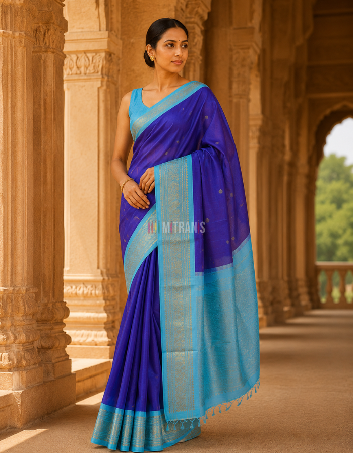Bluish Purple and Firoze Pure Zari Kanjivaram Silk Saree with Annapakshi Motifs - Image 5