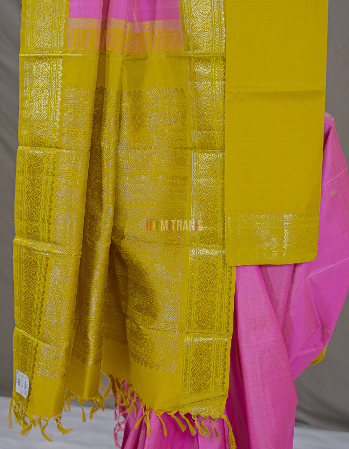 3 Gram Gold Plated Pink Pure Zari Kanjivaram Silk Saree with Mustard Korvai Border - Image 2