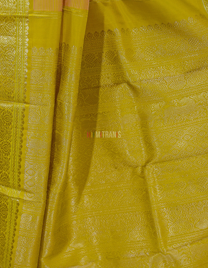 3 Gram Gold Plated Pink Pure Zari Kanjivaram Silk Saree with Mustard Korvai Border - Image 3