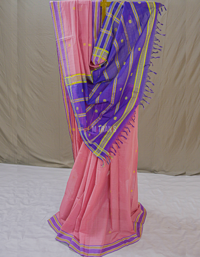 Onion Pink Udupi Cotton Saree with Yellow Floral Butis