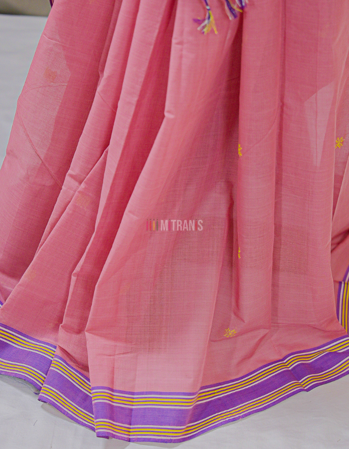 Onion Pink Udupi Cotton Saree with Yellow Floral Butis - Image 2