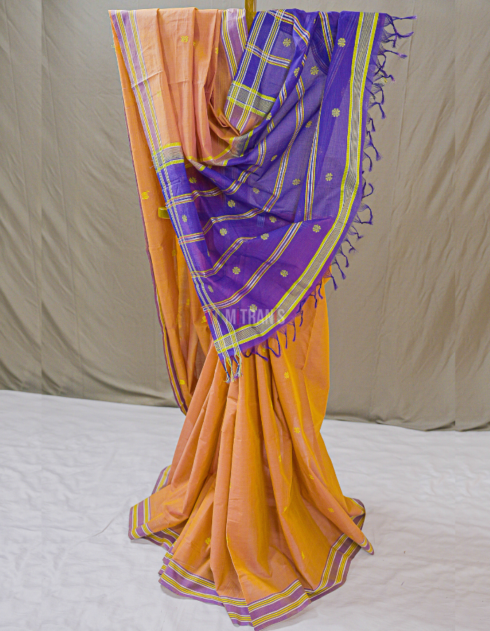 Brick Red Yellow Udupi Cotton Saree with Floral Butis | Mitranis
