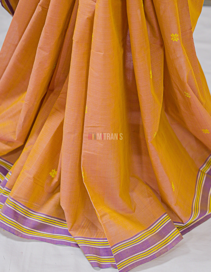 Brick Red Yellow Udupi Cotton Saree with Floral Butis - Image 2