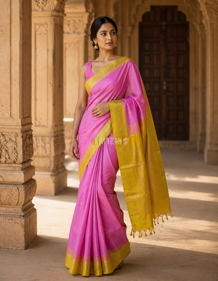 3 Gram Gold Plated Pink Pure Zari Kanjivaram Silk Saree with Mustard Korvai Border - Image 4
