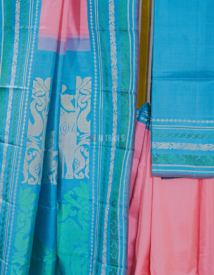 Pink Zero Zari Kanchivaram Silk Saree with Ferozi Korvai Border - Image 2