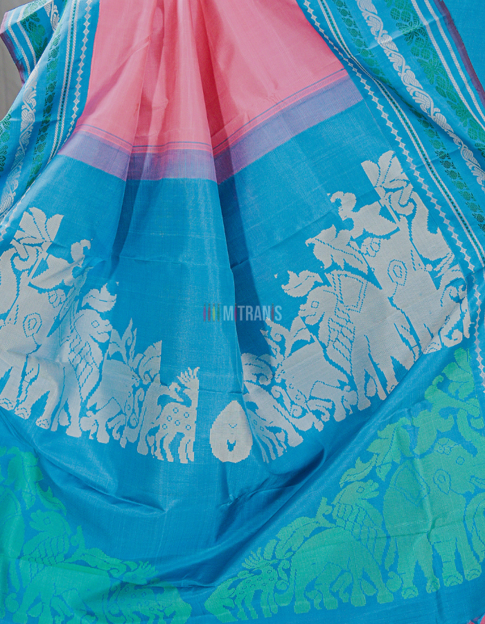 Pink Zero Zari Kanchivaram Silk Saree with Ferozi Korvai Border - Image 3