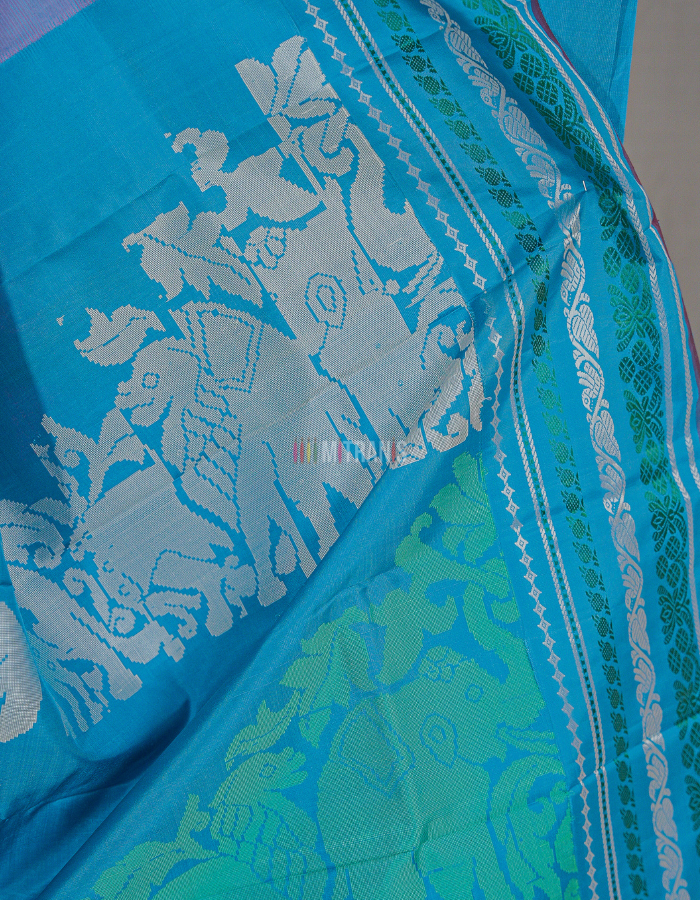 Pink Zero Zari Kanchivaram Silk Saree with Ferozi Korvai Border - Image 4
