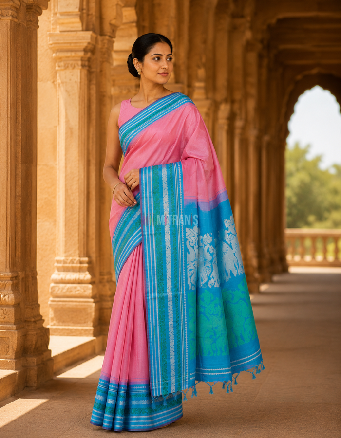 Pink Zero Zari Kanchivaram Silk Saree with Ferozi Korvai Border - Image 5