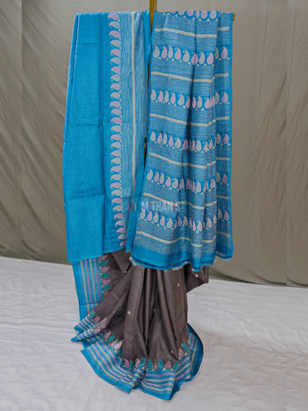 Dark Slate Grey Tussar Kantha Saree with Blue Border | Mitranis