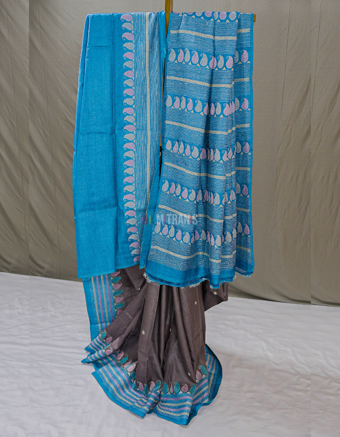 Dark Slate Grey Tussar Kantha Saree with Blue Border | Mitranis