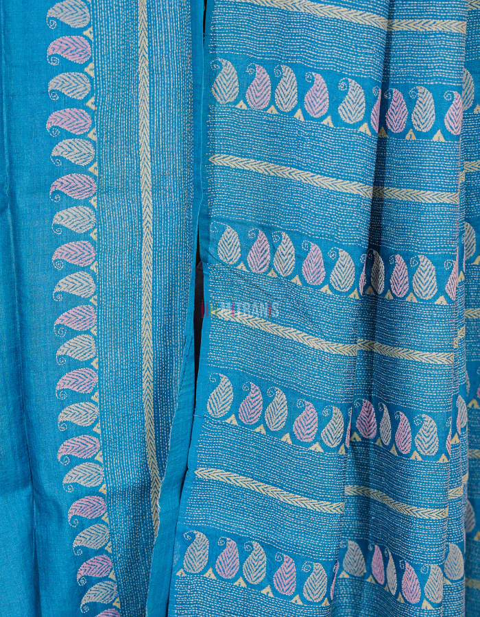 Dark Slate Grey Tussar Kantha Saree with Blue Border - Image 3