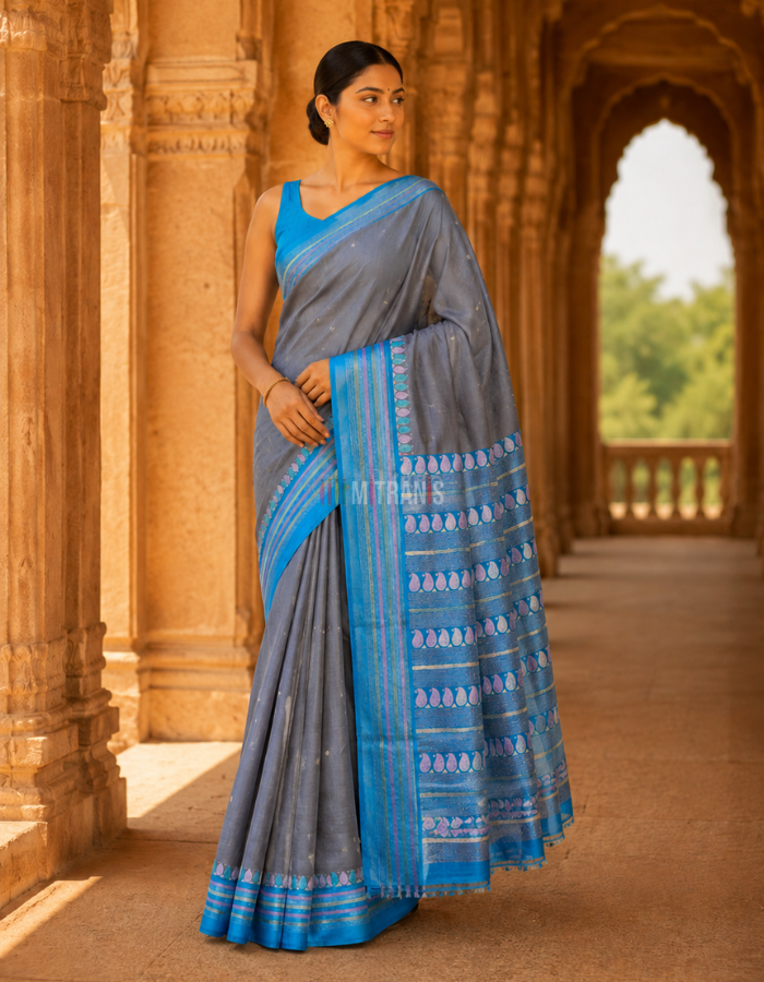 Dark Slate Grey Tussar Kantha Saree with Blue Border - Image 4