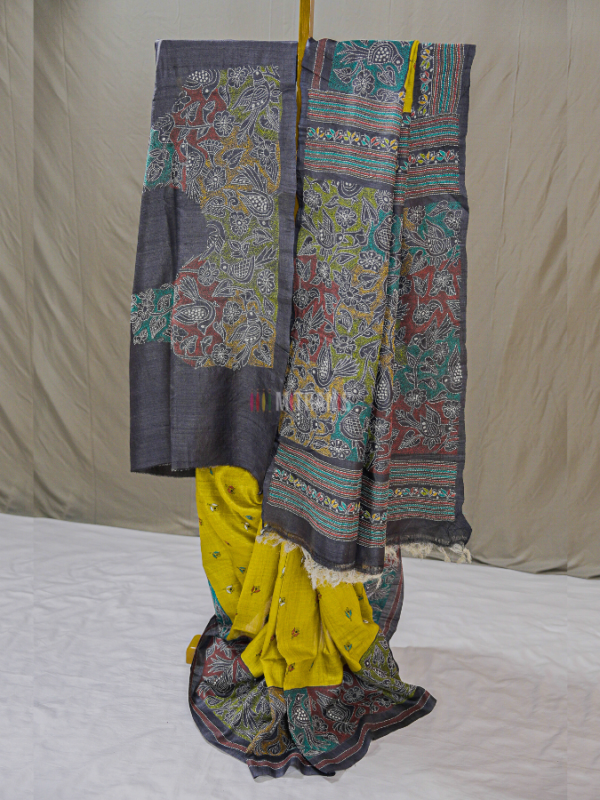 Yellow Tussar Kantha Saree with Black Embroidered Border | Mitranis