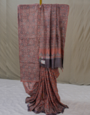 Maroon Ajrakh Printed Tussar Saree with Floral Block Motifs | Mitranis
