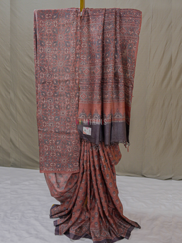 Maroon Ajrakh Printed Tussar Saree with Floral Block Motifs | Mitranis