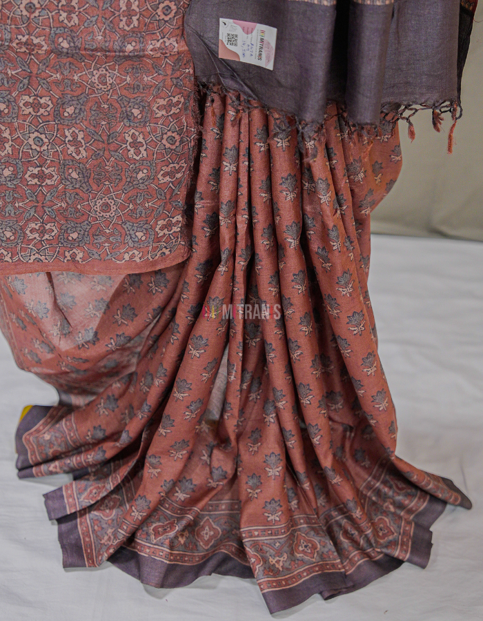 Maroon Ajrakh Printed Tussar Saree with Floral Block Motifs - Image 2