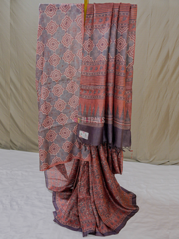Maroon Ajrakh Tussar Saree with Jaal Block Print | Mitranis