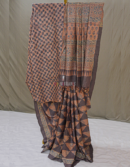 Brick Red Ajrakh Tussar Saree with Geometric Floral Motifs | Mitranis