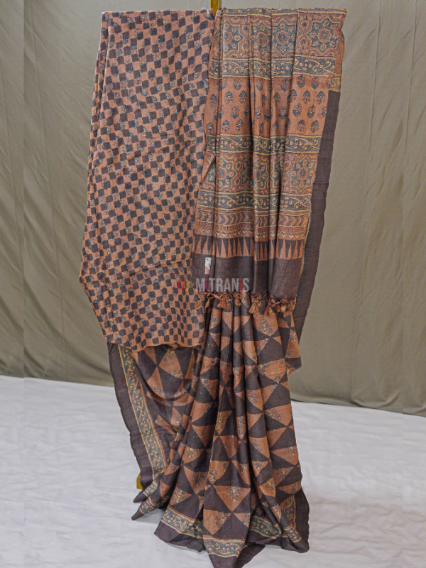 Brick Red Ajrakh Tussar Saree with Geometric Floral Motifs | Mitranis