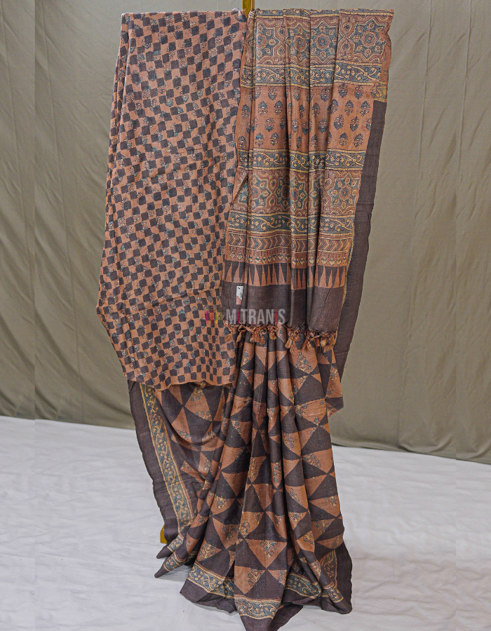 Brick Red Ajrakh Tussar Saree with Geometric Floral Motifs | Mitranis