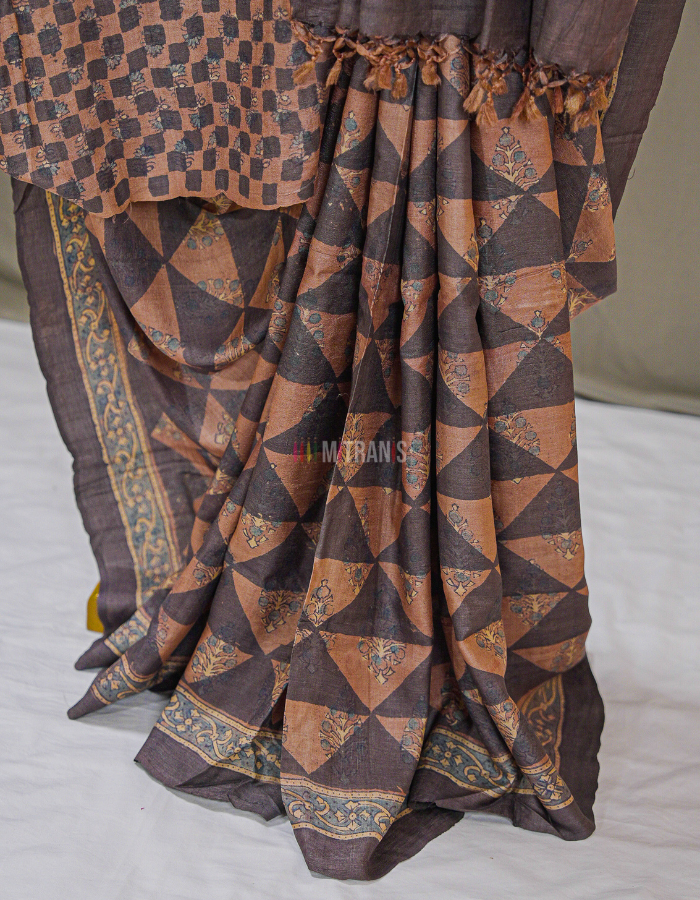 Brick Red Ajrakh Tussar Saree with Geometric Floral Motifs - Image 2