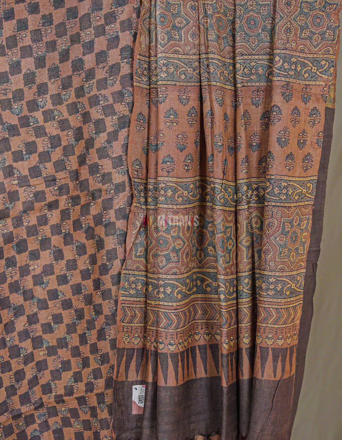 Brick Red Ajrakh Tussar Saree with Geometric Floral Motifs - Image 3