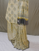 Cream Ajrakh Tussar Saree with Floral Block Print | Mitranis
