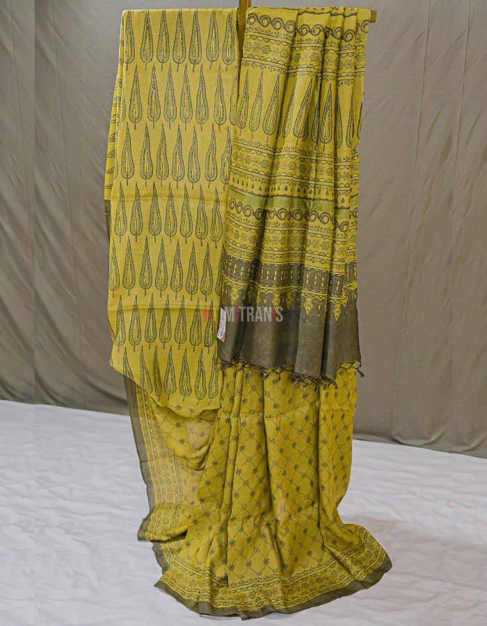 Yellow Green Ajrakh Tussar Saree with Jaal Block Print | Mitranis