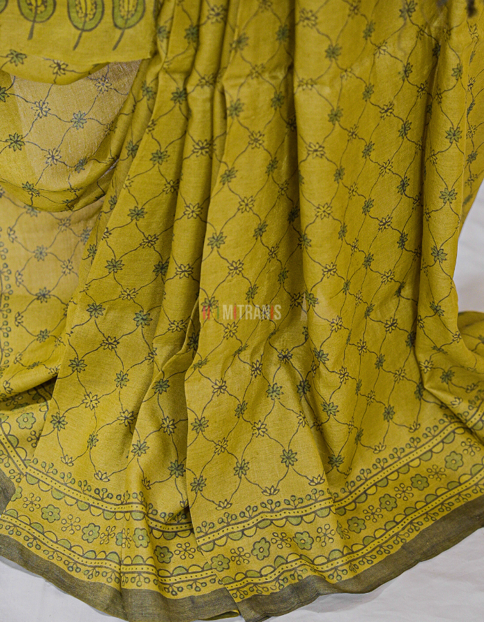 Yellow Green Ajrakh Tussar Saree with Jaal Block Print - Image 2