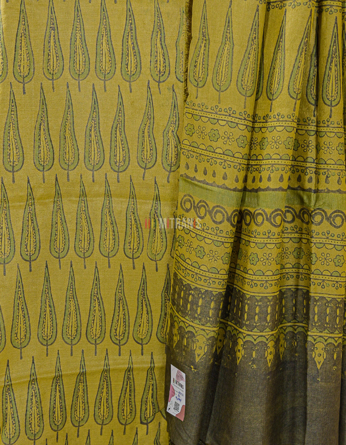 Yellow Green Ajrakh Tussar Saree with Jaal Block Print - Image 3