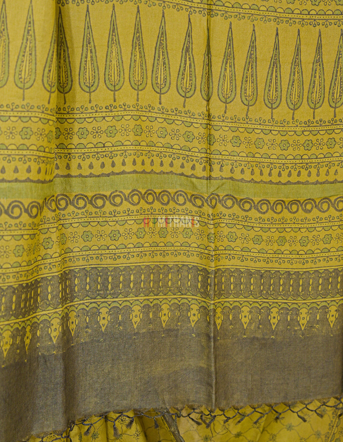Yellow Green Ajrakh Tussar Saree with Jaal Block Print - Image 4