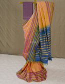 Yellow Orange Dual Tone Checked Kanjivaram Silk Saree with Purple Border | Mitranis