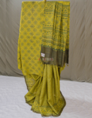 Yellow Green Ajrakh Tussar Saree with Floral Motifs | Mitranis
