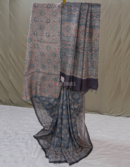 Indigo Ajrakh Tussar Saree with Diamond Block Print | Mitranis