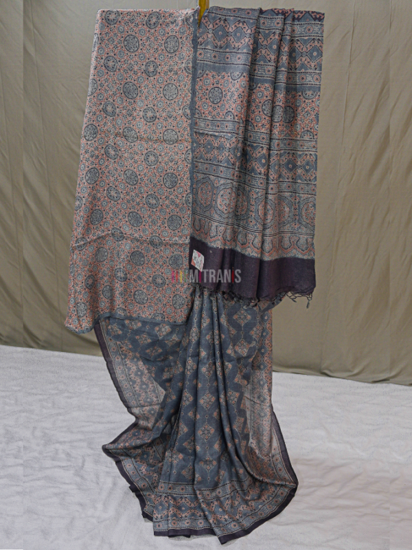 Indigo Ajrakh Tussar Saree with Diamond Block Print | Mitranis
