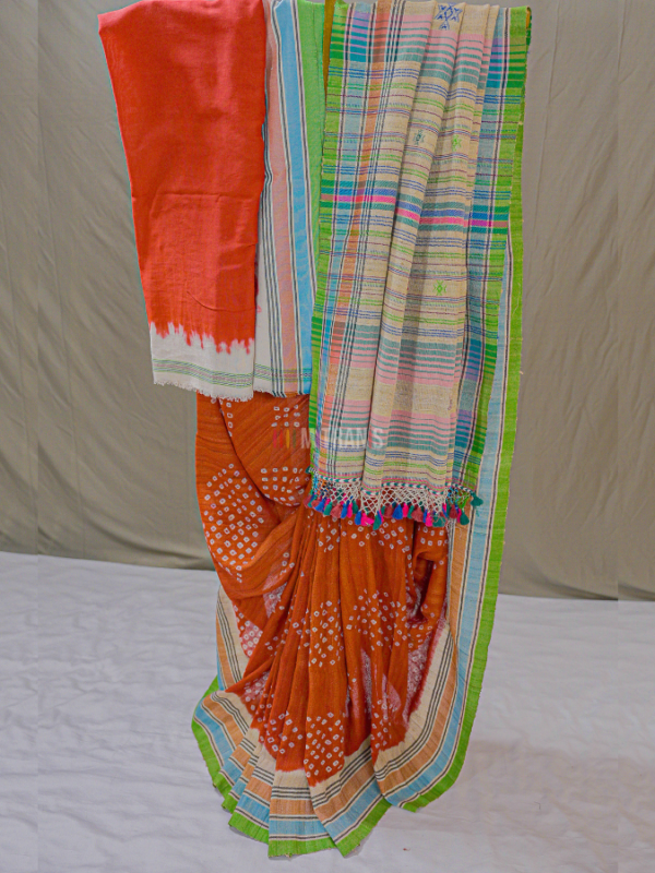 Red Bandhani Bhujodi Tussar Cotton Saree | Mitranis