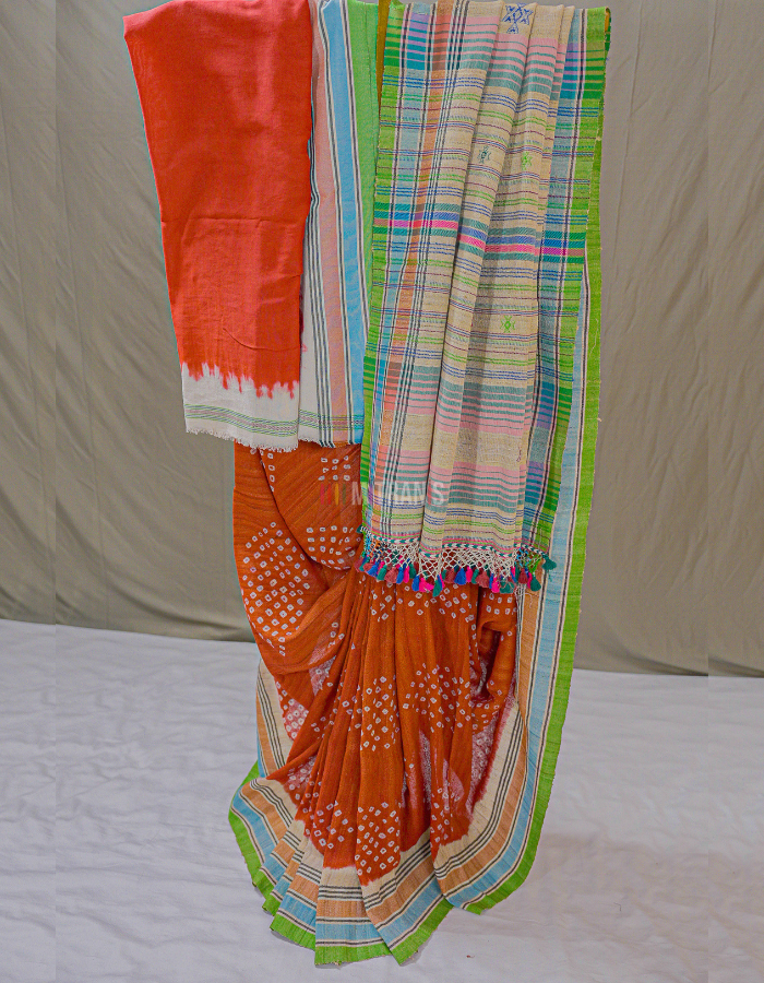 Red Bandhani Bhujodi Tussar Cotton Saree with Traditional Anchal