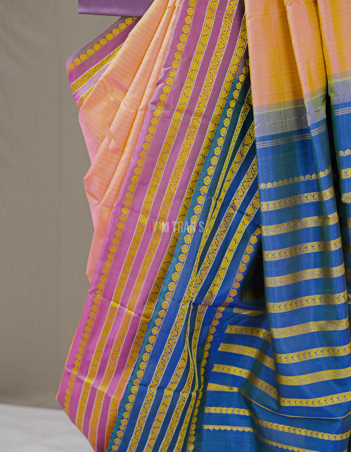 Yellow Orange Dual Tone Checked Kanjivaram Silk Saree with Purple Border - Image 2