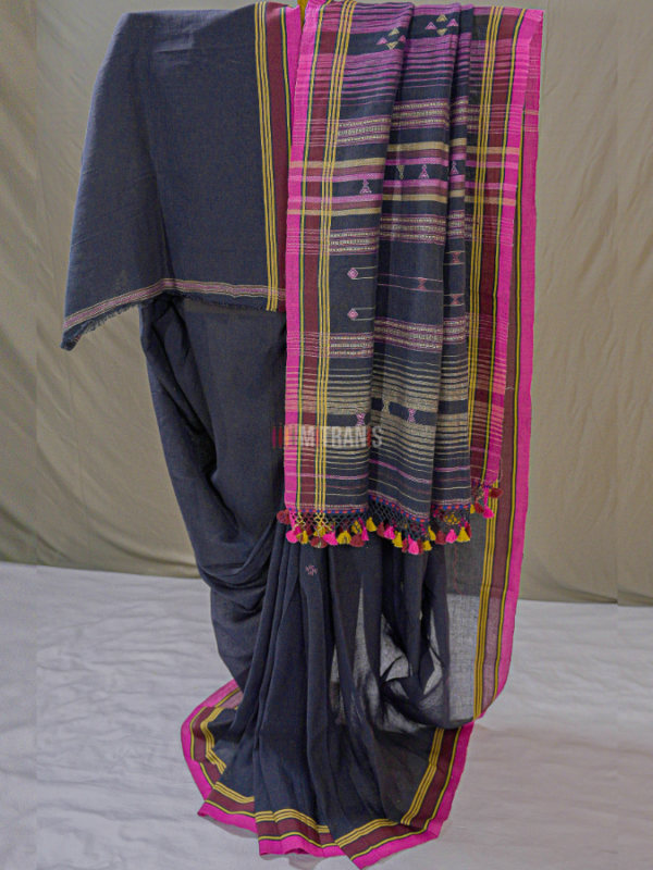 Black Linen Bhujodi Saree with Traditional Anchal | Mitranis