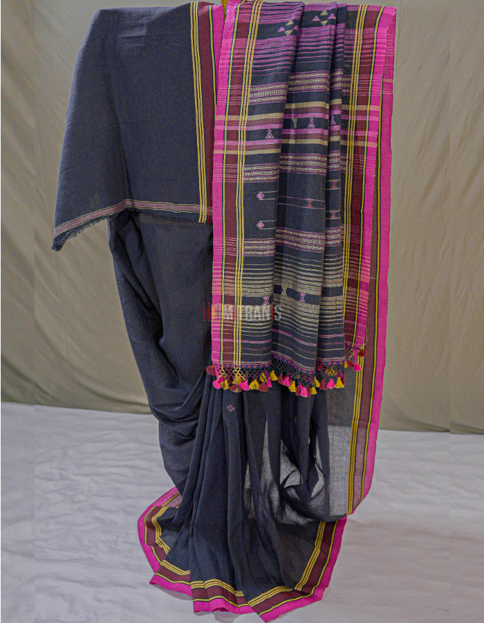 Black Linen Bhujodi Saree with Traditional Anchal