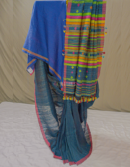 Blue Bhujodi Tussar Cotton Saree with Plain Body | Mitranis