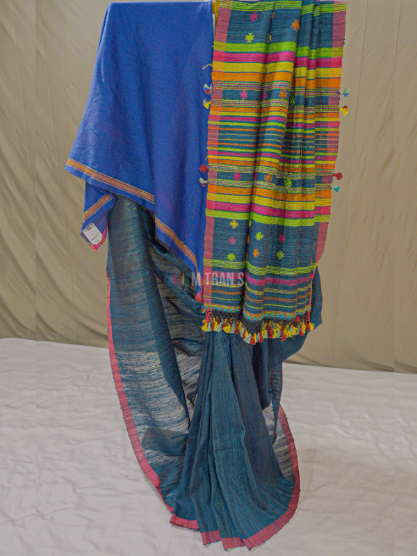 Blue Bhujodi Tussar Cotton Saree with Plain Body | Mitranis